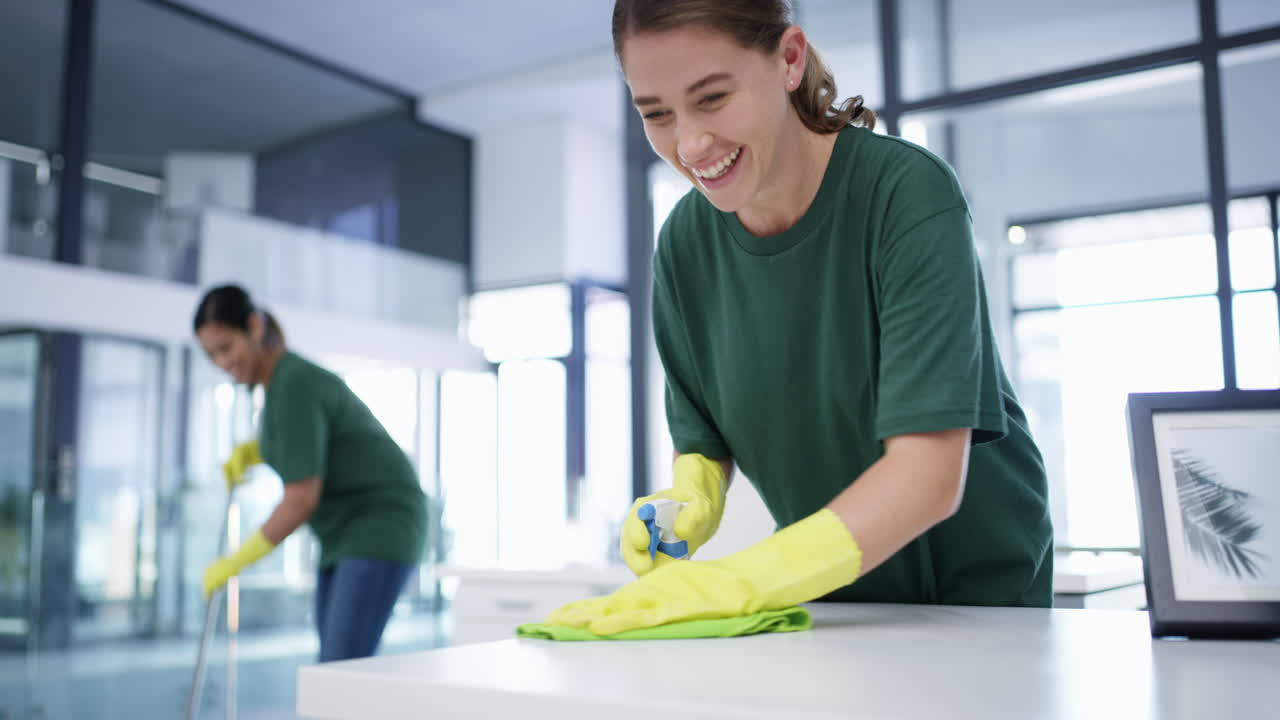 una mujer joven limpiando un espacio de oficina