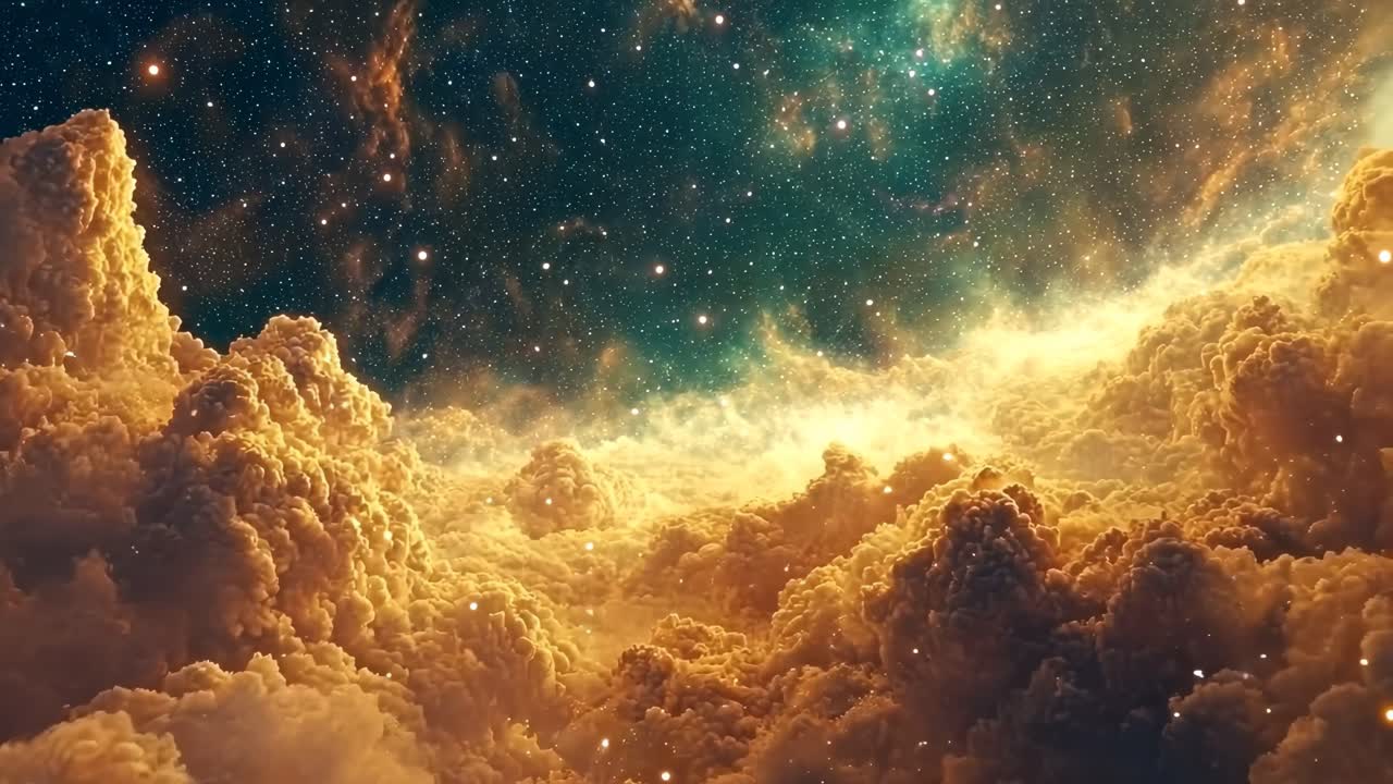 A mesmerizing video of a cosmic landscape with swirling clouds and stars, captured from a low-angle