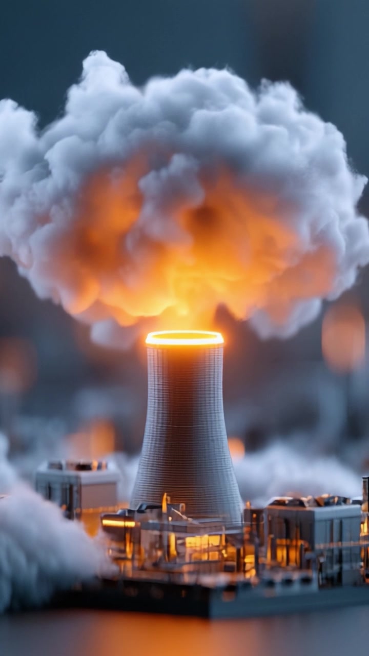 Una torre di raffreddamento nucleare incandescente circondata da nuvole di vapore e fumo che si innalzano, evidenziando la maestosa potenza e produzione di energia in un paesaggio in miniatura.