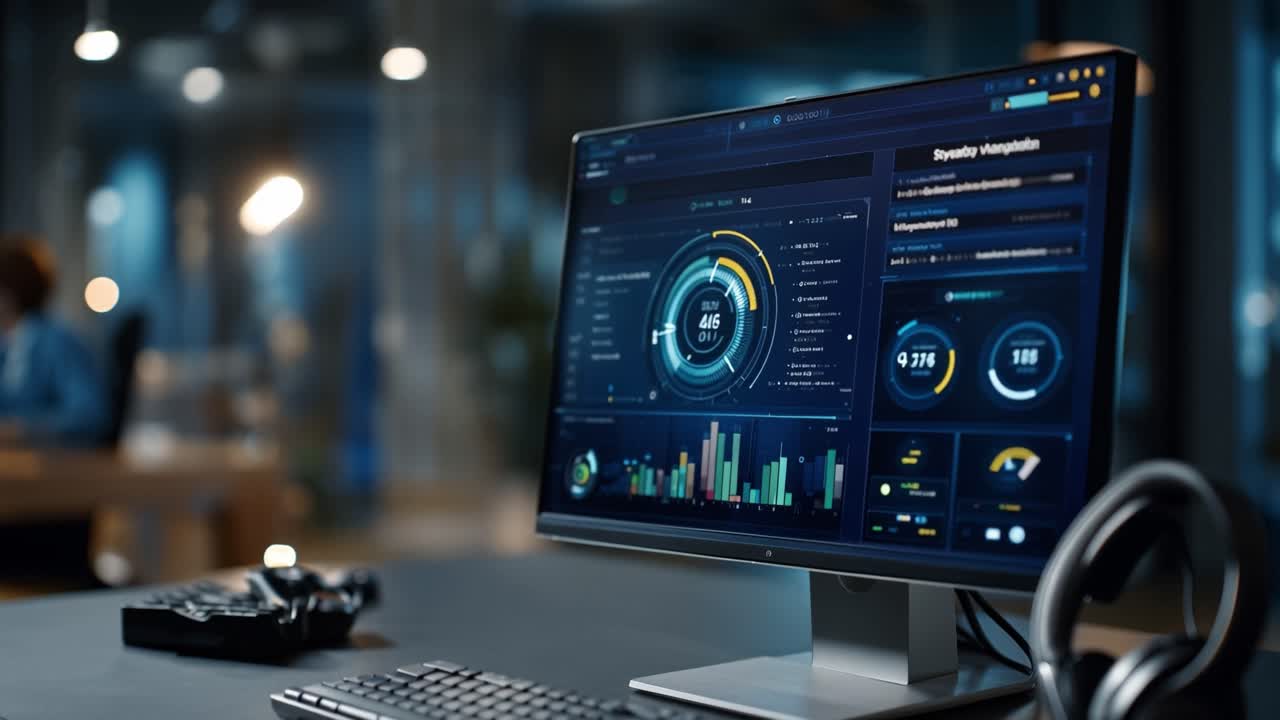 A modern workspace showcasing an advanced computer monitor displaying intricate data analytics, showcasing various metrics and performance indicators in a sleek environment