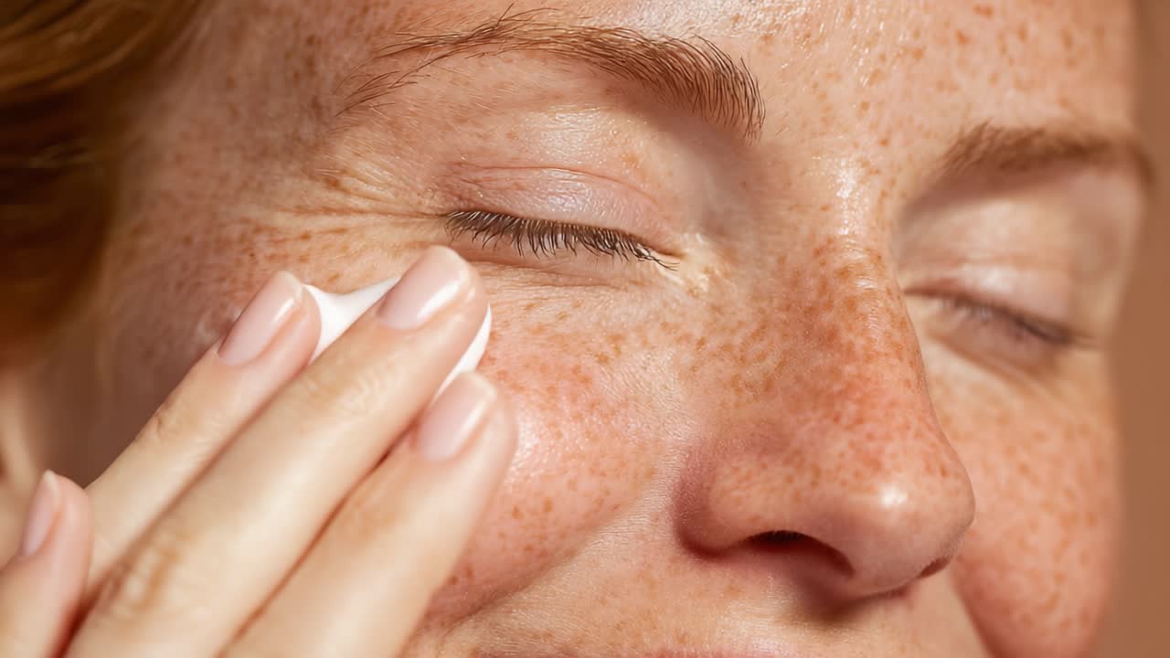 Routine per una pelle radiosa: un primo piano di una donna gioiosa che applica la crema sul viso lentigginoso per un trattamento di bellezza in una luce chiara e naturale.