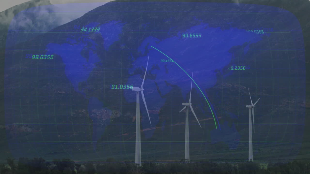 Three white wind turbines generating energy on grassy plain, showing 3D grid lines and data arcs
