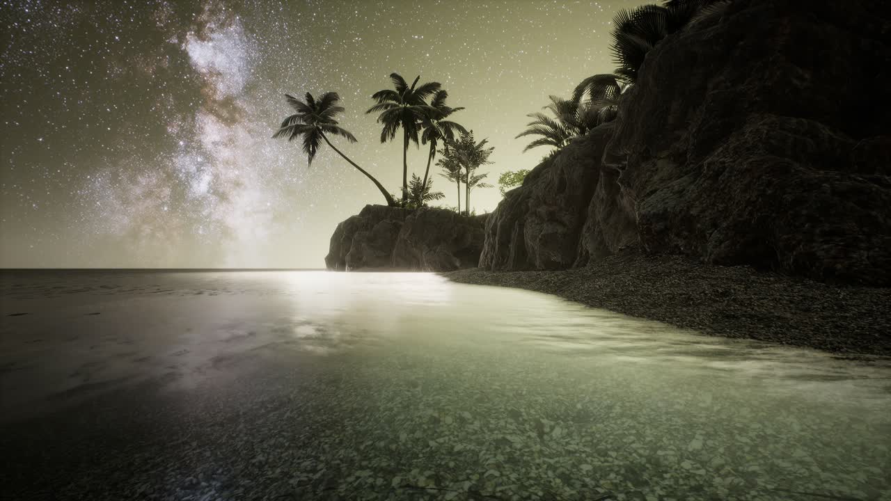 hermosa playa tropical de fantasía con estrellas de la vía láctea en el cielo nocturno