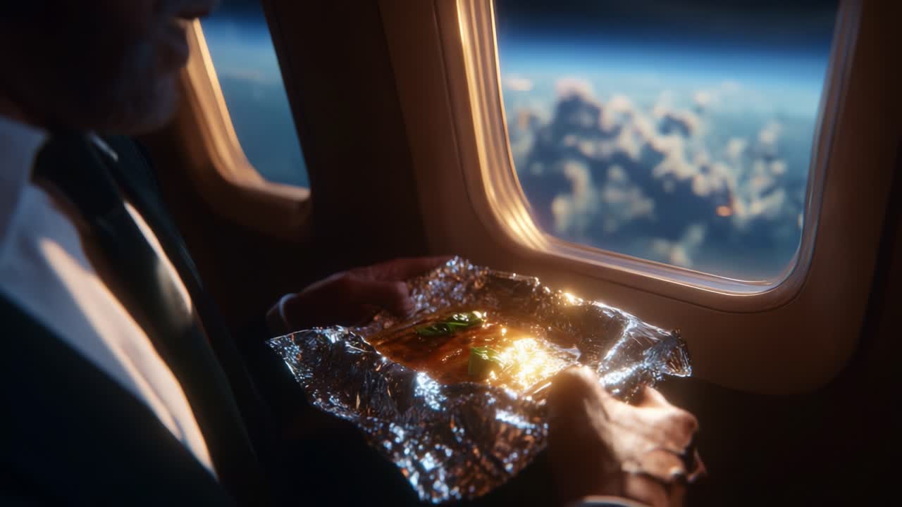 A Passenger Enjoys a Wrapped Gourmet Meal While Gazing Out the Aircraft Window at a Breathtaking View of Earth from Above the Clouds, Capturing the Essence of Culinary Delight in Aviation
