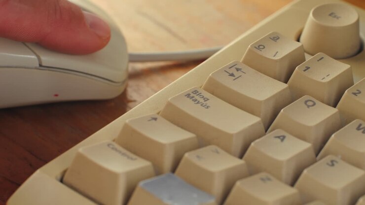 Uomo che lavora e gioca su un computer PC retrò, ingegnere informatico con computer vintage a casa, che usa tecnologia vecchio stile, primo piano di una configurazione retrò.