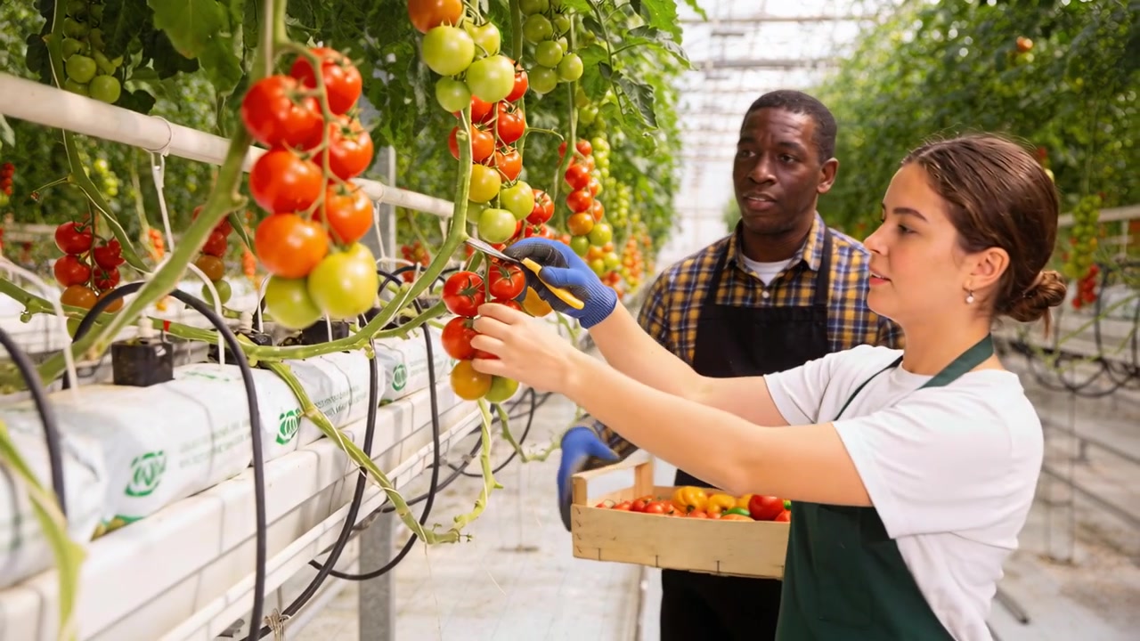 Picking woman clipping ripe tomatoes into crate while man steadying vines in greenhouse in aprons
