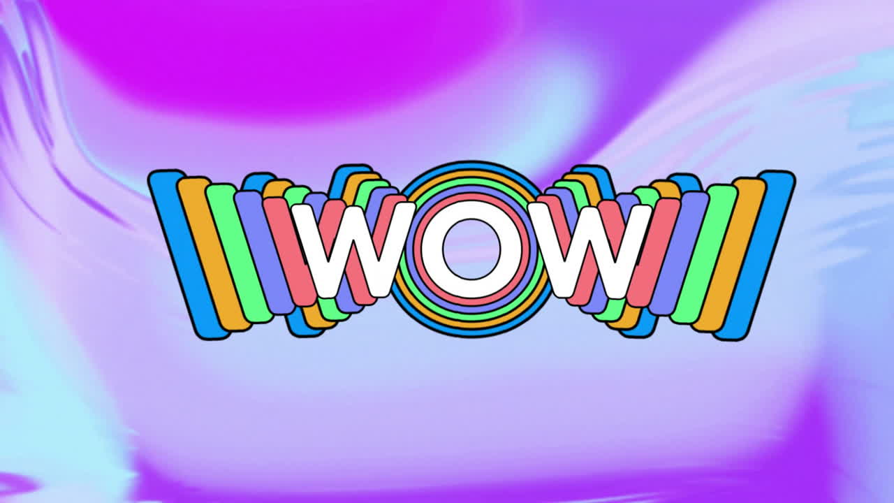 보라색 움직이는 배경 위에 와우 텍스트의 애니메이션