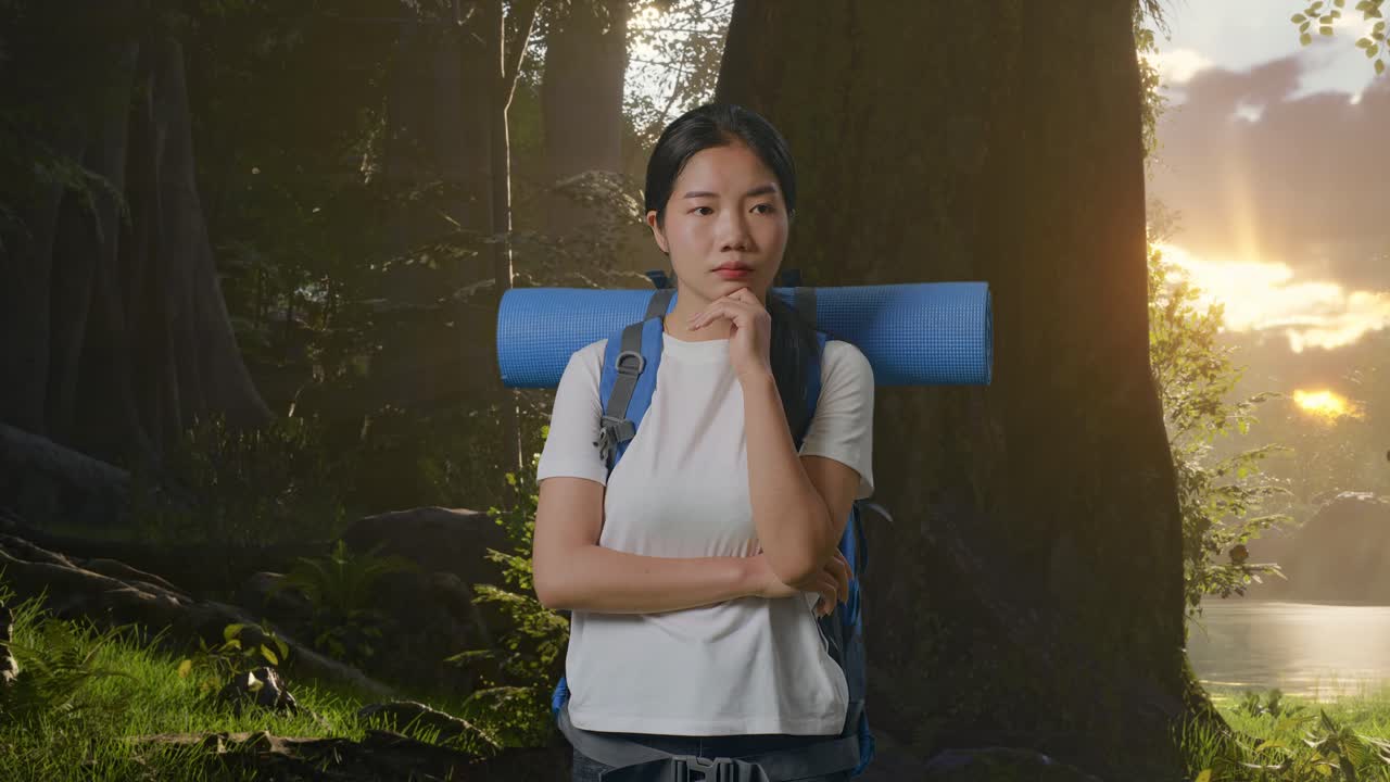 해가 뜨는 동안 숲에서 산책 하는 여자