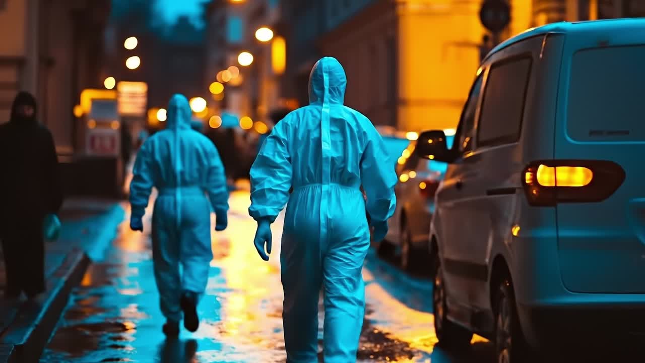 A group of people in protective gear walking down a city street at night