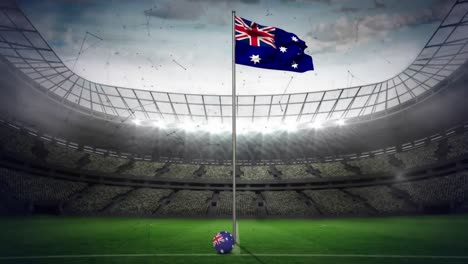 Red-De-Conexiones-Flotando-Sobre-Ondeando-La-Bandera-De-Australia-Contra-El-Estadio-Deportivo-En-Segundo-Plano.