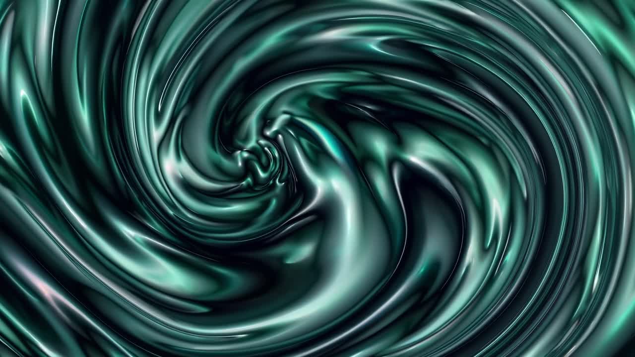 Emerald liquid waves generating mesmerizing, dynamic patterns while swirling and mixing in fluid, hypnotic motion against dark background