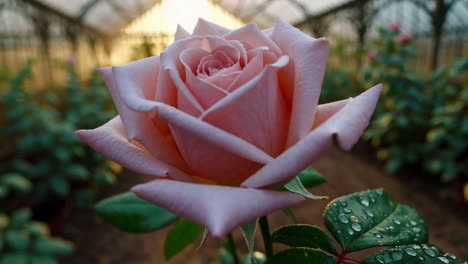 beautiful pink rose in a greenhouse