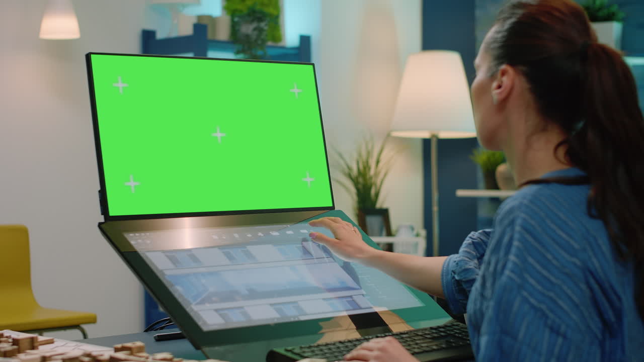 Woman architect using green screen for building model