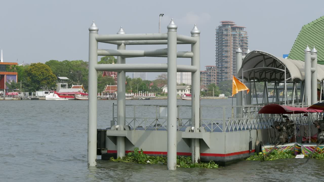 A modern docking station a river surrounded by urban beauty capturing tranquility.
