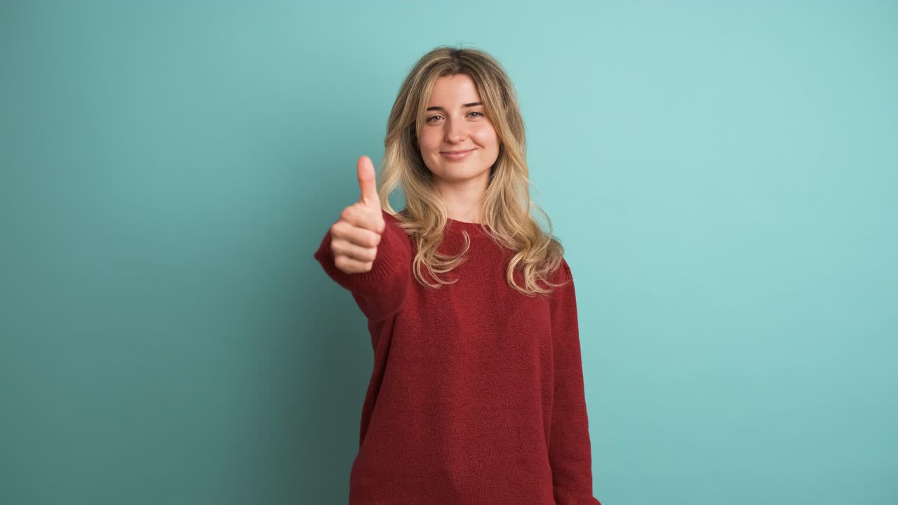 Happy young woman showing thumbs up in blue studio