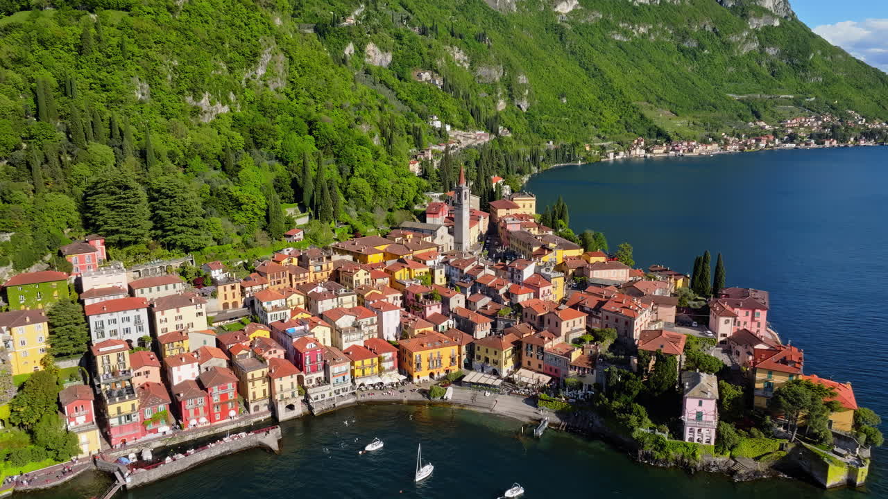 Aerial drone view of Varenna, Italy and Lake Como in daylight