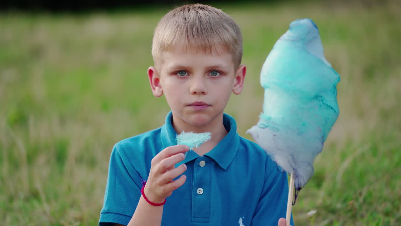 Portrait of a boy eating cotton candy. Cute boy in blue t-shirt sitting on the green grass and eats sweet candy-floss outdoors.