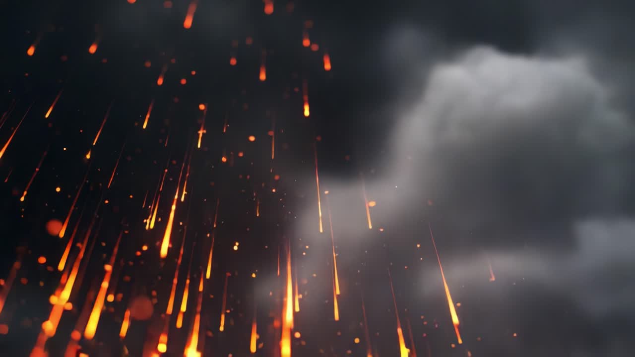 A dramatic scene capturing fiery embers and particles illuminated against a backdrop of swirling dark clouds, showcasing a striking contrast of light and shadow in the atmosphere