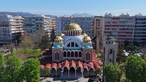 Aerial-view-of-the-Cyril-and-Methodius-church-in-Thessaloniki,-Greece