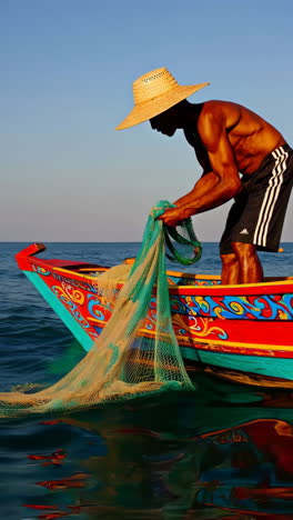 fisherman pulling in a net at sunset