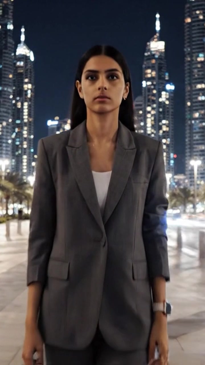 Um indivíduo confiante em traje formal caminhando por uma paisagem urbana vibrante e iluminada à noite, cercado por arranha-céus imponentes e luzes brilhantes da cidade