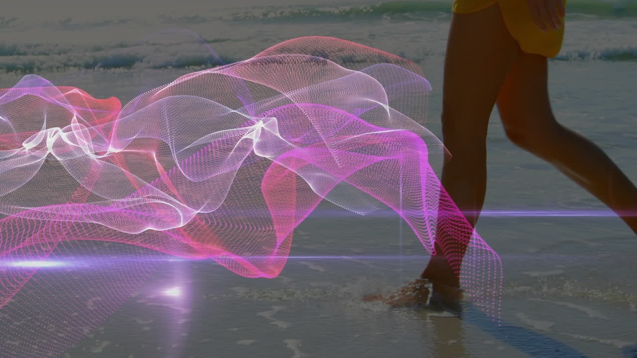 animación de rastros de luz azul sobre formas rojas y rojas azules sobre fondo rojo