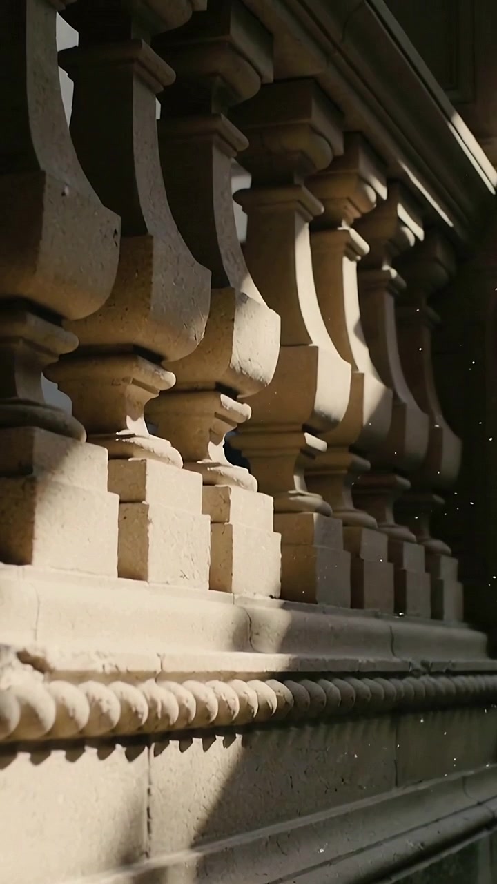 Video verticale: Telecamera in ascesa che rivela una balaustra in pietra lungo un sentiero, per mostrare dettagli e contrasto.