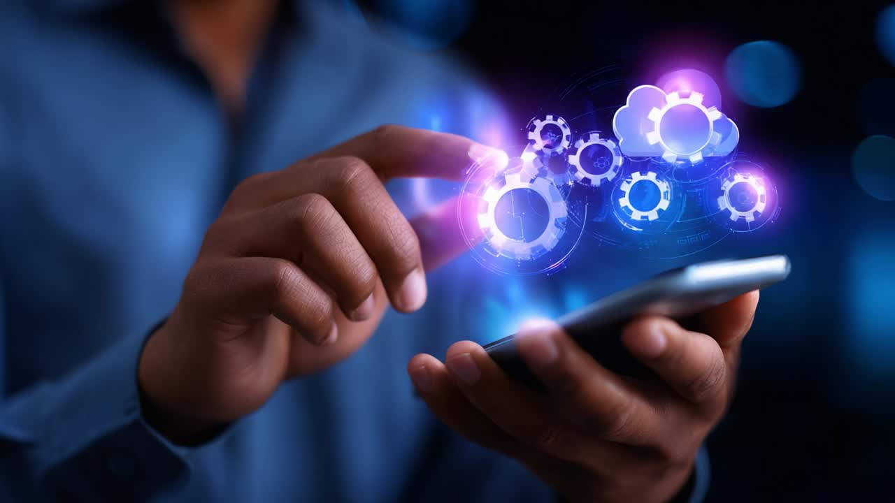 A person interacting with a smartphone, showcasing digital technology and cloud computing concepts through gear icons and circular graphics, highlighting the modern integration of mobile devices and innovation