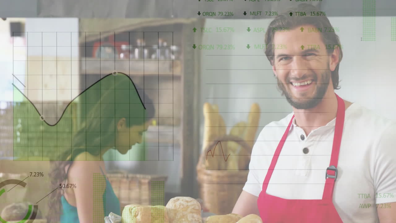 Smiling baker holding bread, financial data processing animation over bakery scene