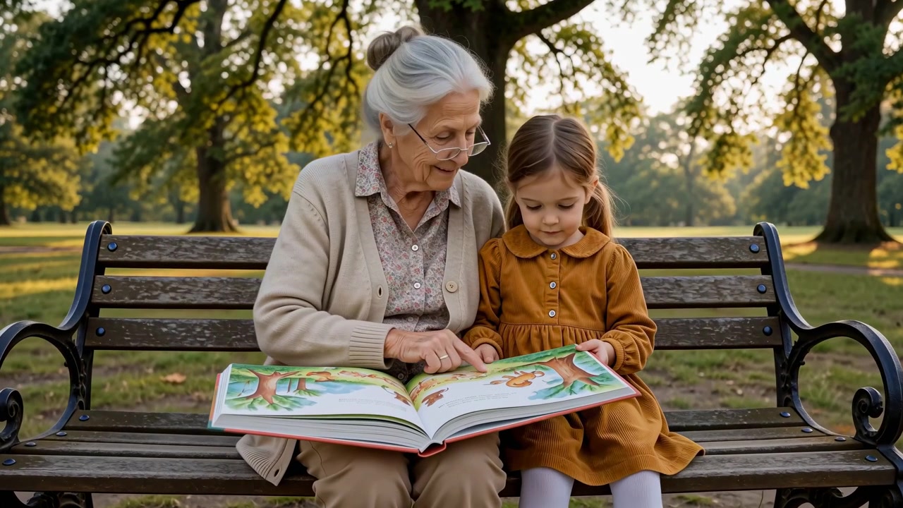 Una persona anziana e un bambino siedono fianco a fianco su una panchina di legno mentre sfogliano un libro illustrato aperto, con un delicato movimento della mano, uno sfondo di un parco frondoso, luce diurna soffusa e una tranquilla attività di lettura condivisa.