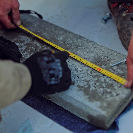 engineering works. technicians measuring concrete slab outdoors. workers hands with meter during construction. close-up.