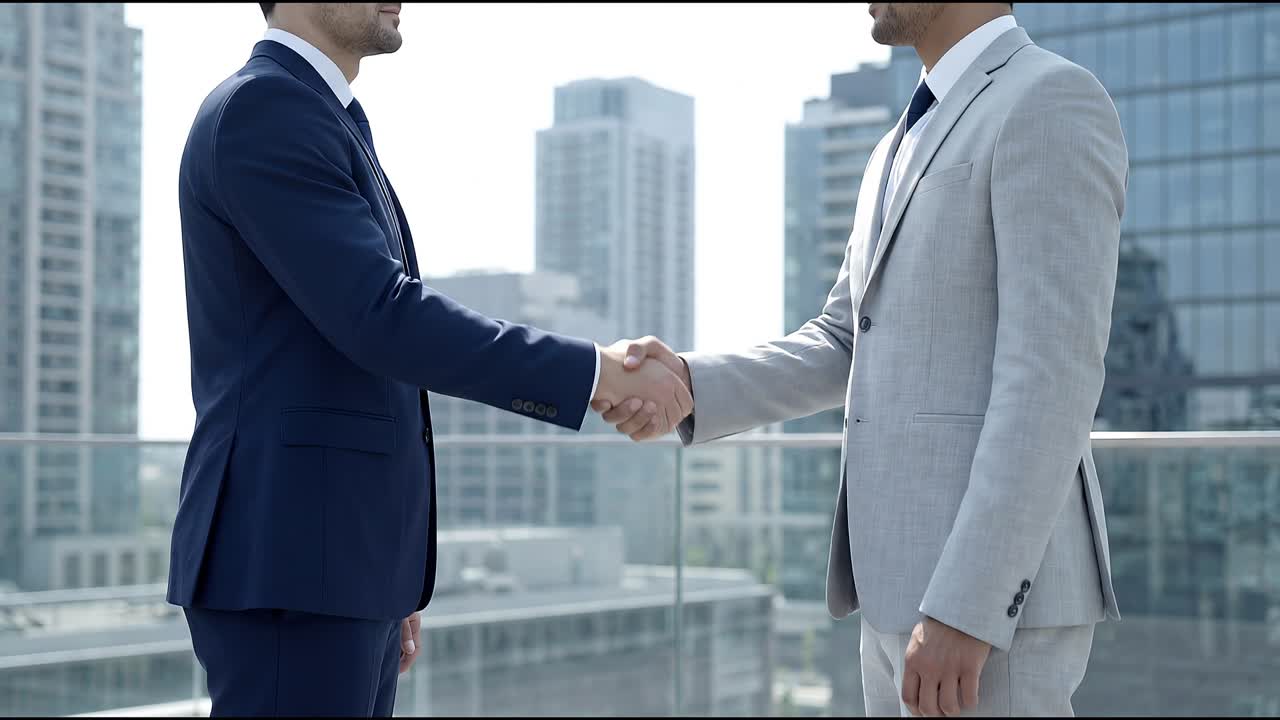 Partner commerciali che si stringono la mano su una terrazza panoramica con lo skyline della città, a rappresentare un affare di successo