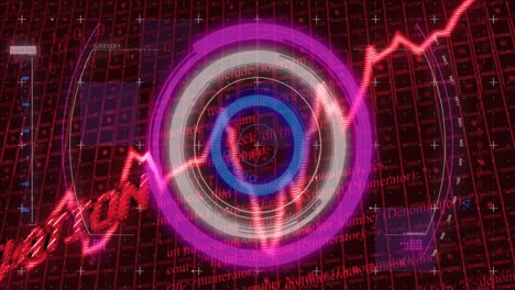 Animation-Von-Rotem-Stagflation-Text,-Diagramm-Und-Raster-über-Farbenfrohen-Scanner-Verarbeitungsdaten