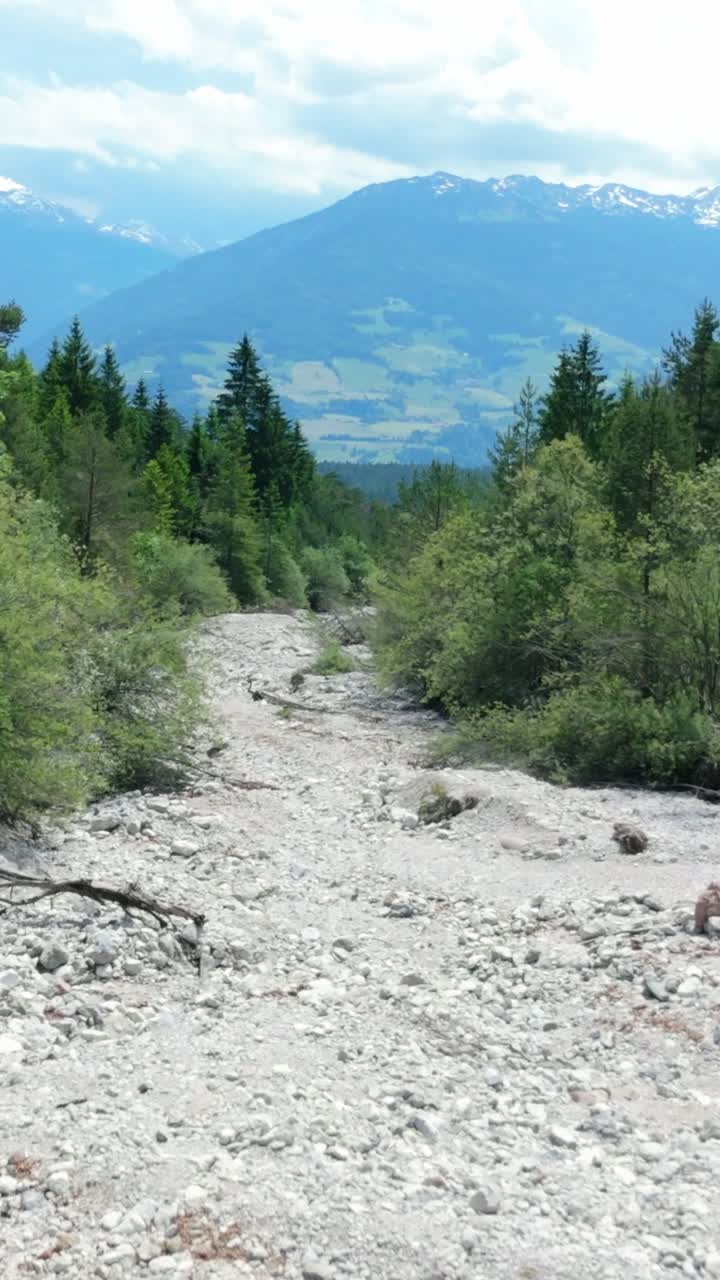 drone flies over drought river in a forest with mountains
