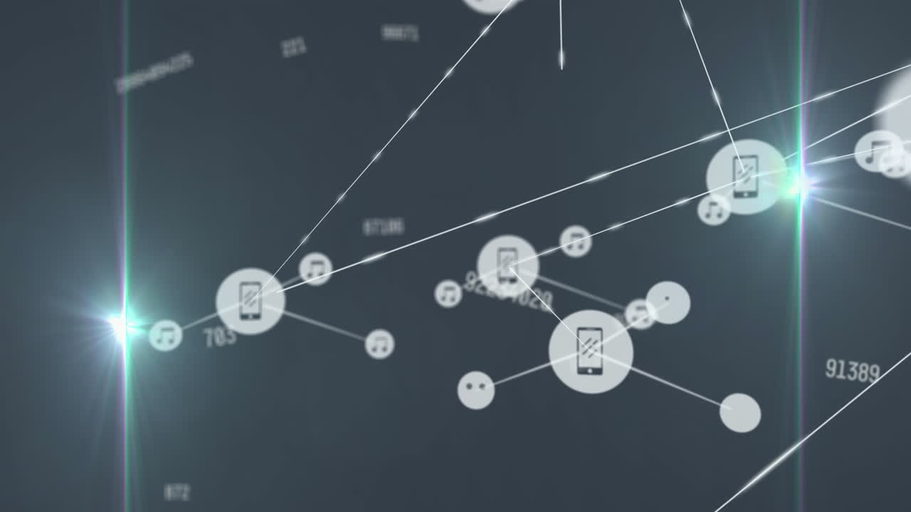 animación de números que cambian con iconos conectados y destellos de lente sobre fondo negro.