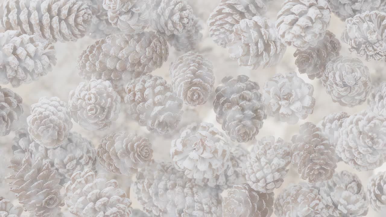 Sliding camera shifting focus over dense frost-dusted pine cones in studio, revealing texture