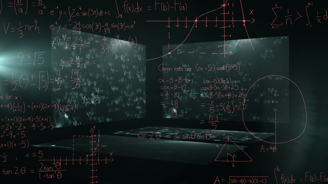 Animation of data processing and mathematical equations over screens
