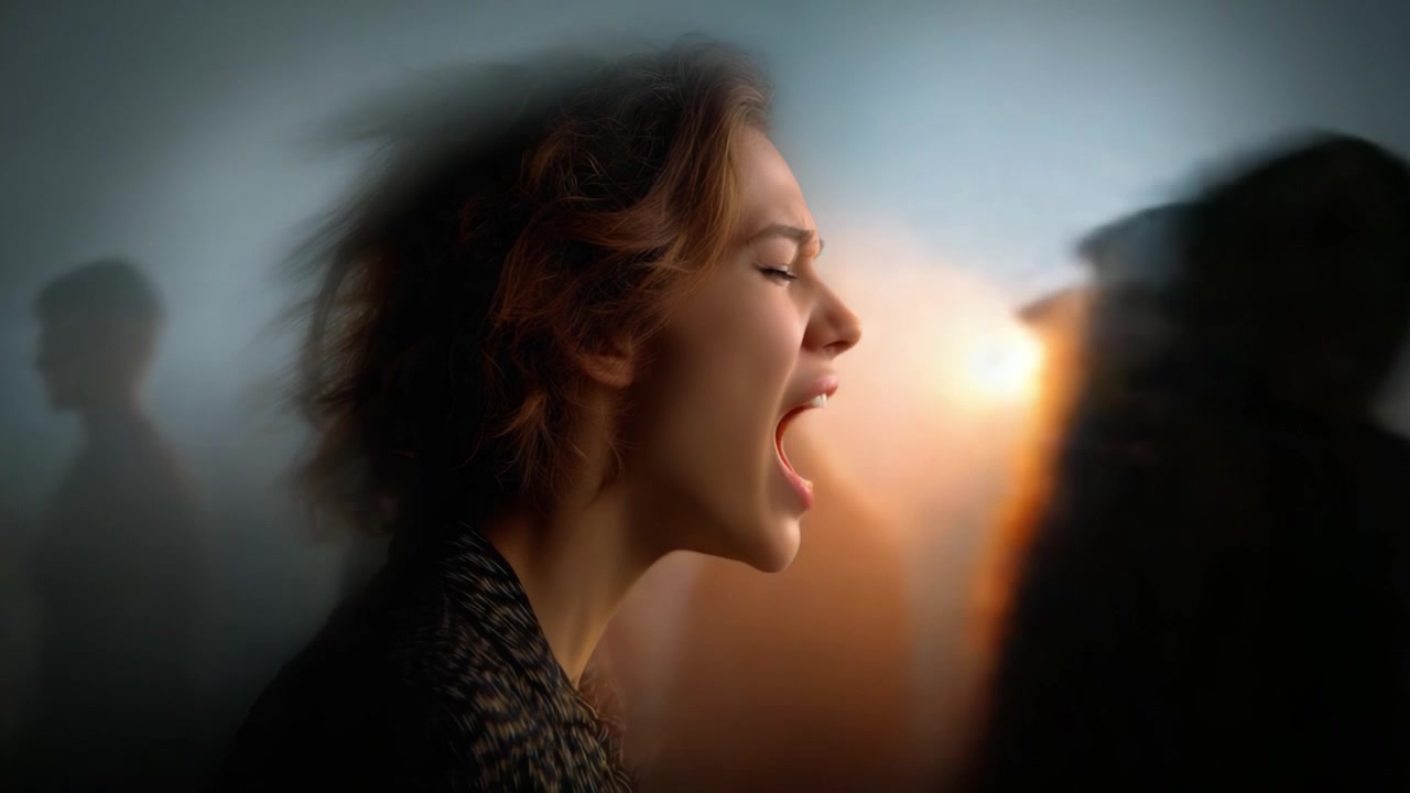 Uma mulher expressa suas emoções com paixão, capturada em um momento de intensidade em meio a uma multidão embaçada, destacando o poder da voz e da individualidade