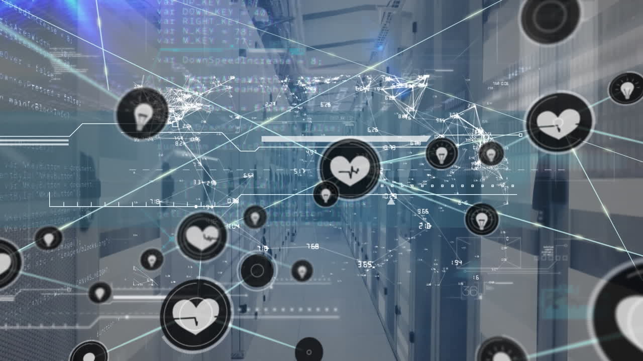 연결된 아이콘과 점, 숫자 및 컴퓨터 언어의 애니메이션을 서버 에 대비합니다.