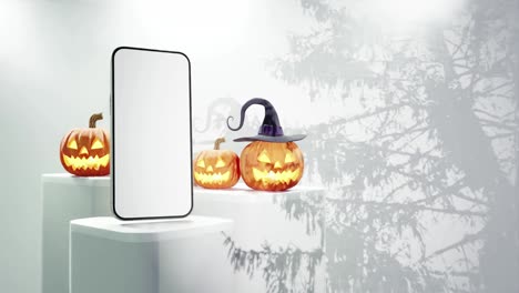 Smartphone-mockup-with-three-jack-o'-lanterns,-on-white-background