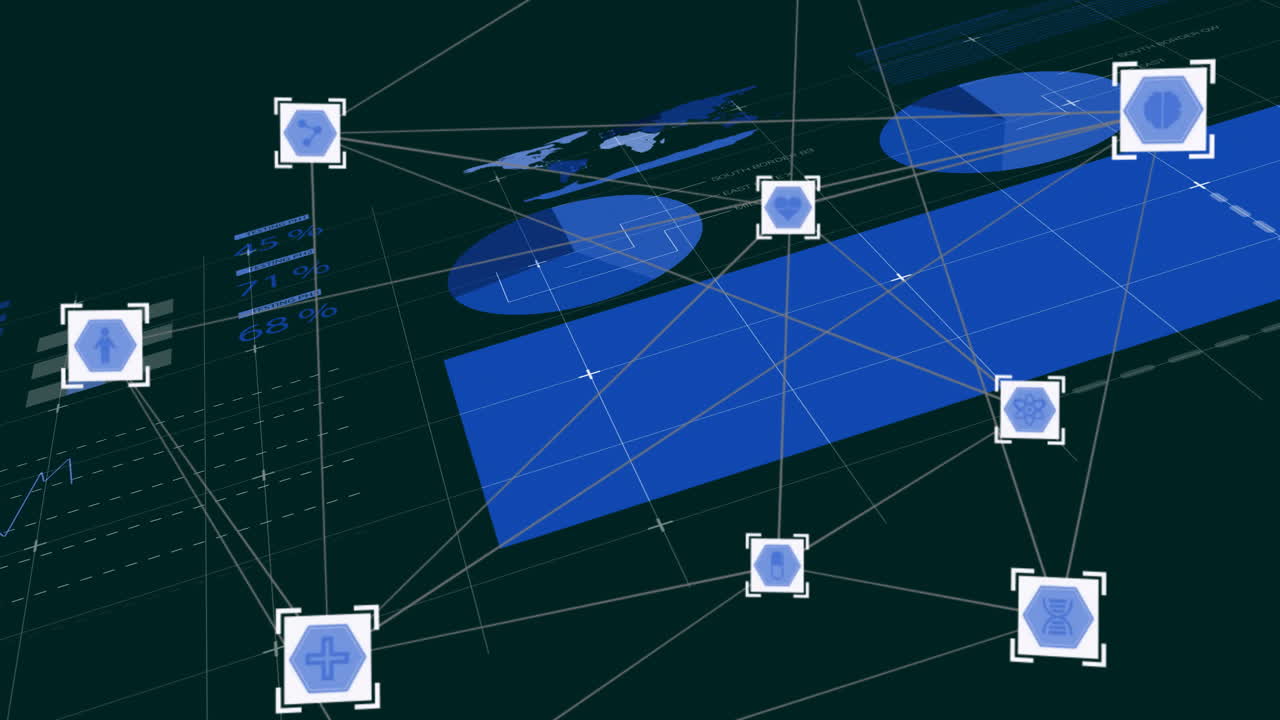 Network of connections and data processing animation over digital world map