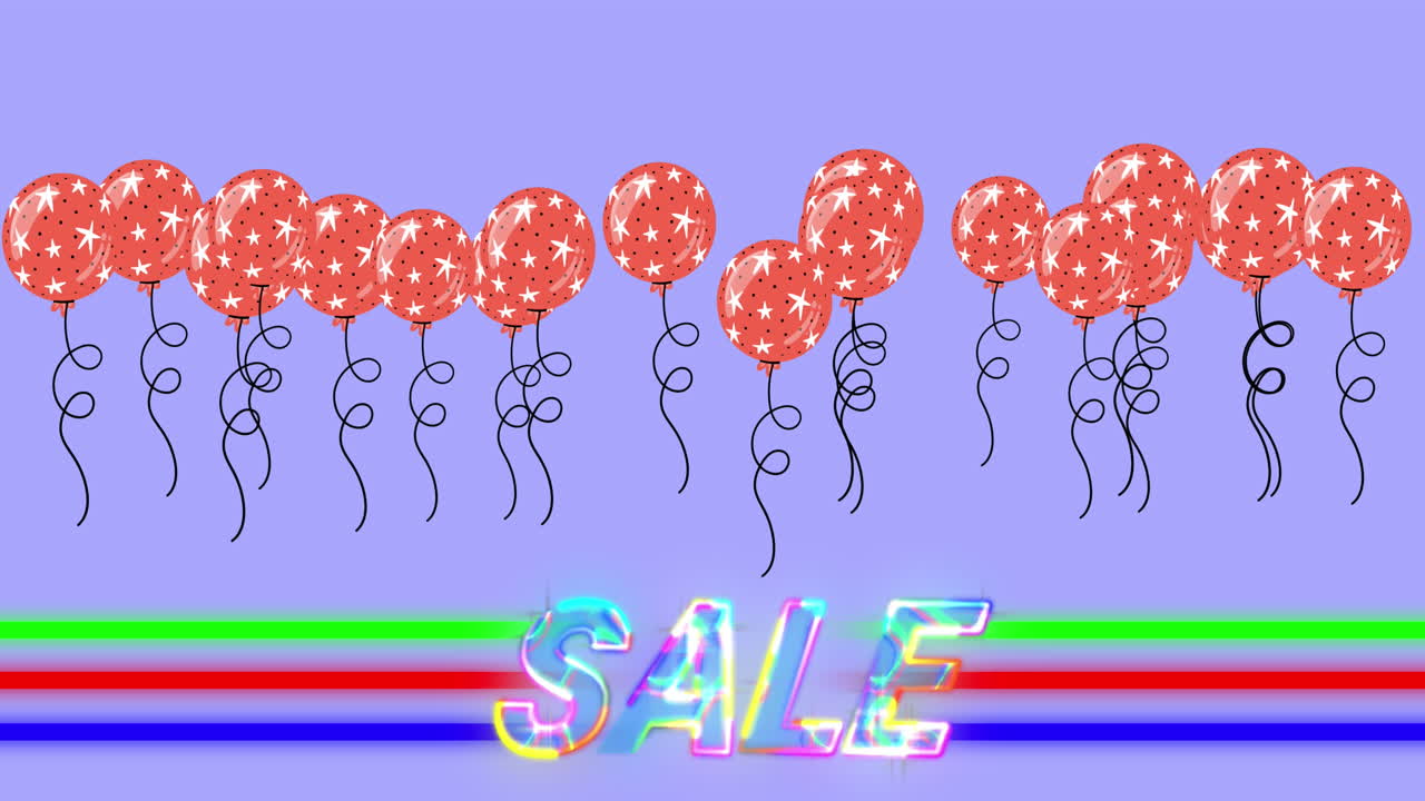 animación del texto de venta sobre globos rojos y rayas de neón sobre fondo púrpura