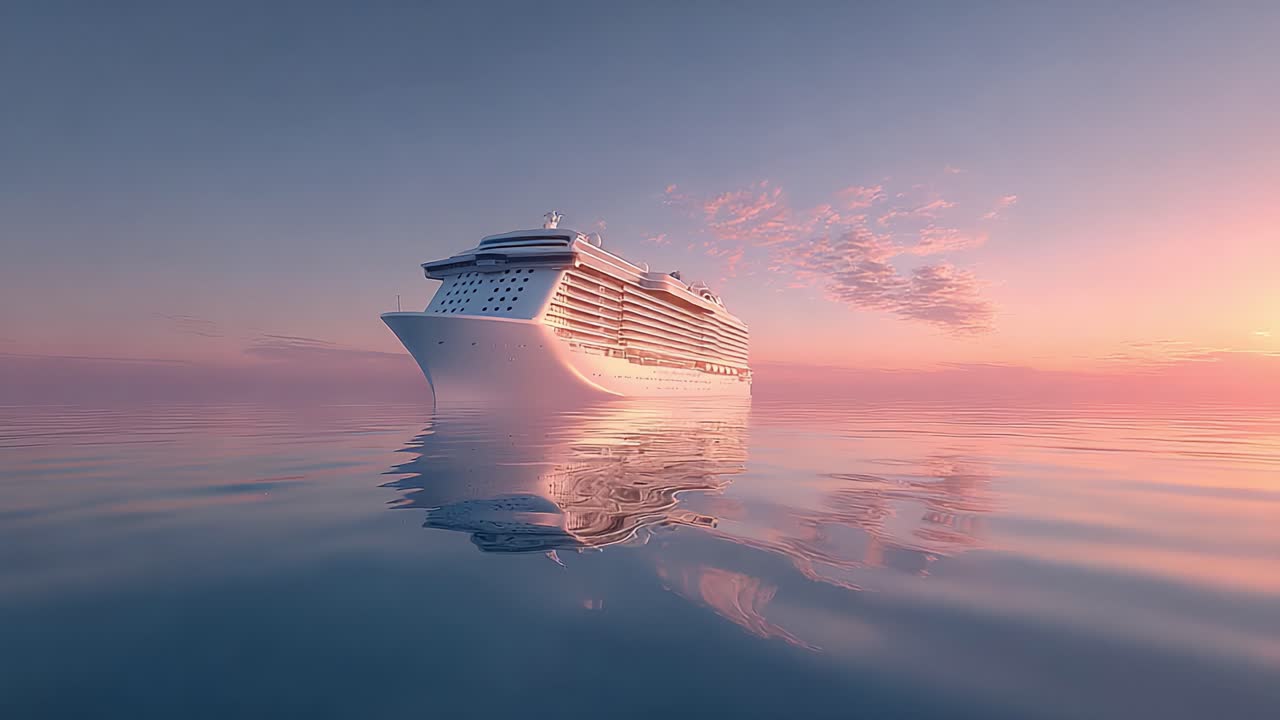 Majestætisk oceanliner fanget ved solnedgang, der glider jævnt hen over roligt vand og afspejler rolige farver fra skumringen med en levende himmel i baggrunden
