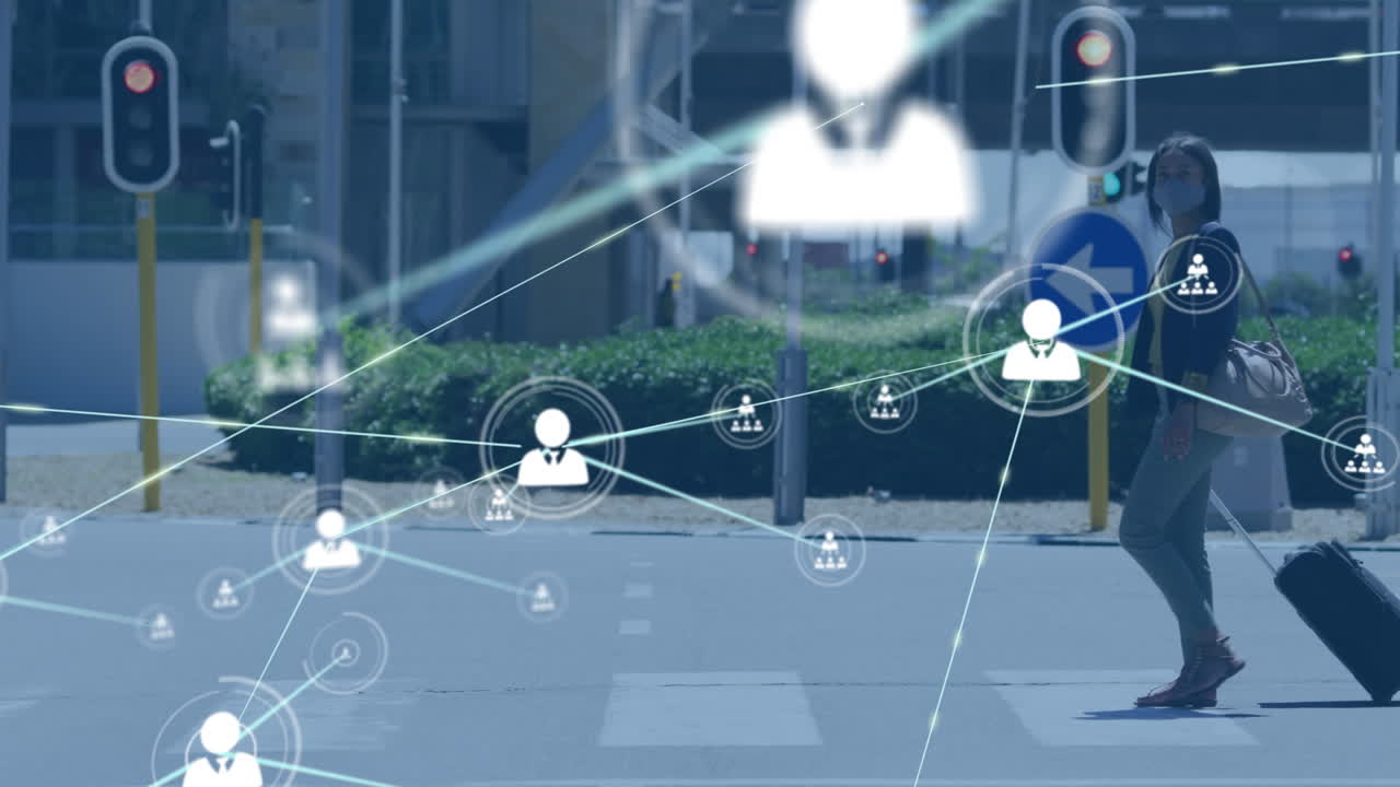 가방을 들고 있는 백인 여성 위 에 있는 아이콘 들 과 연결 된 네트워크 의 애니메이션