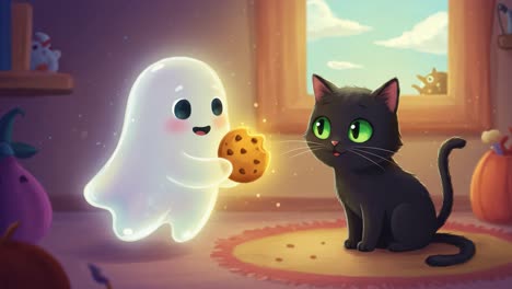 a friendly ghost and cat share a magical moment with cookies in a cozy room filled with fun decorations and playful vibes