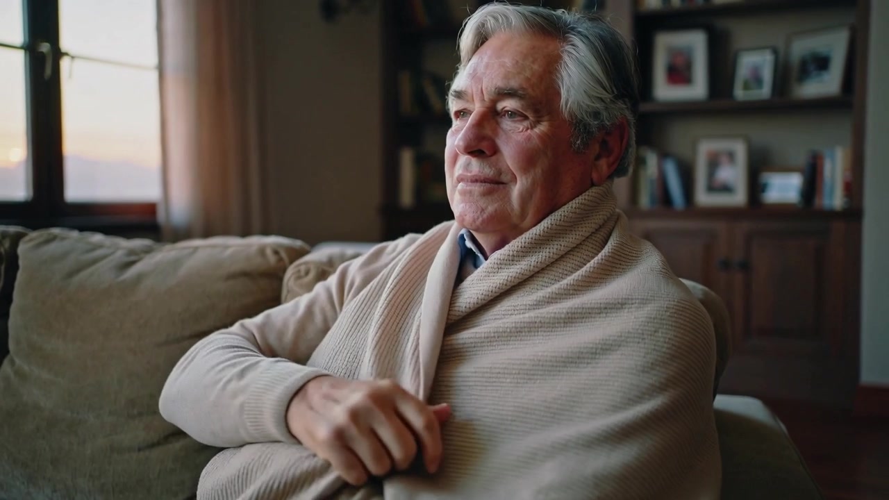 Uomo anziano che si copre, sistemando una coperta sul divano del soggiorno, con un maglione, per scaldarsi alla luce della finestra