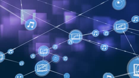 Animation-of-network-of-digital-icons-over-square-shapes-floating-against-purple-background