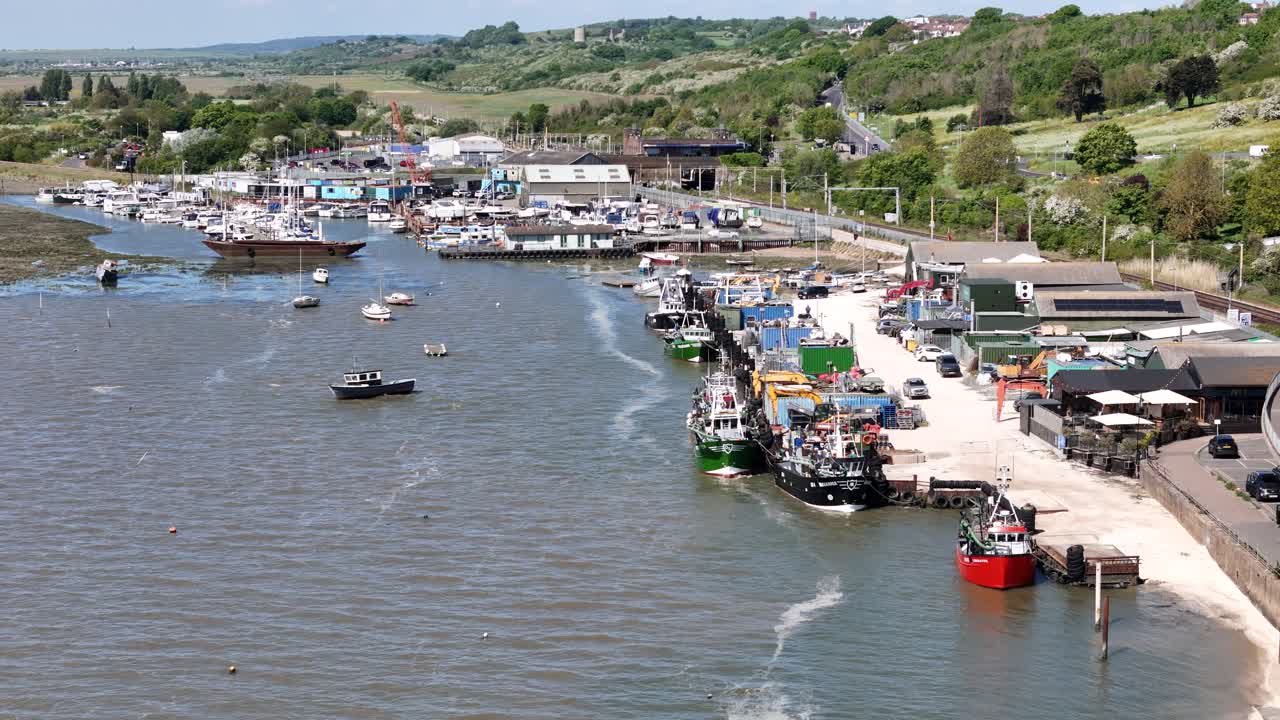 Fishing boats moored at quayside Leigh on Sea Essex UK drone,aerial