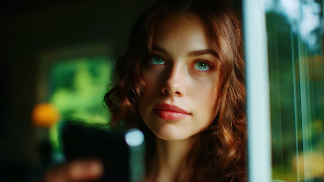 A young woman with beautiful curly hair gazes thoughtfully while holding a smartphone, framed by a window that lets in natural light, capturing a moment of serene reflection and connection