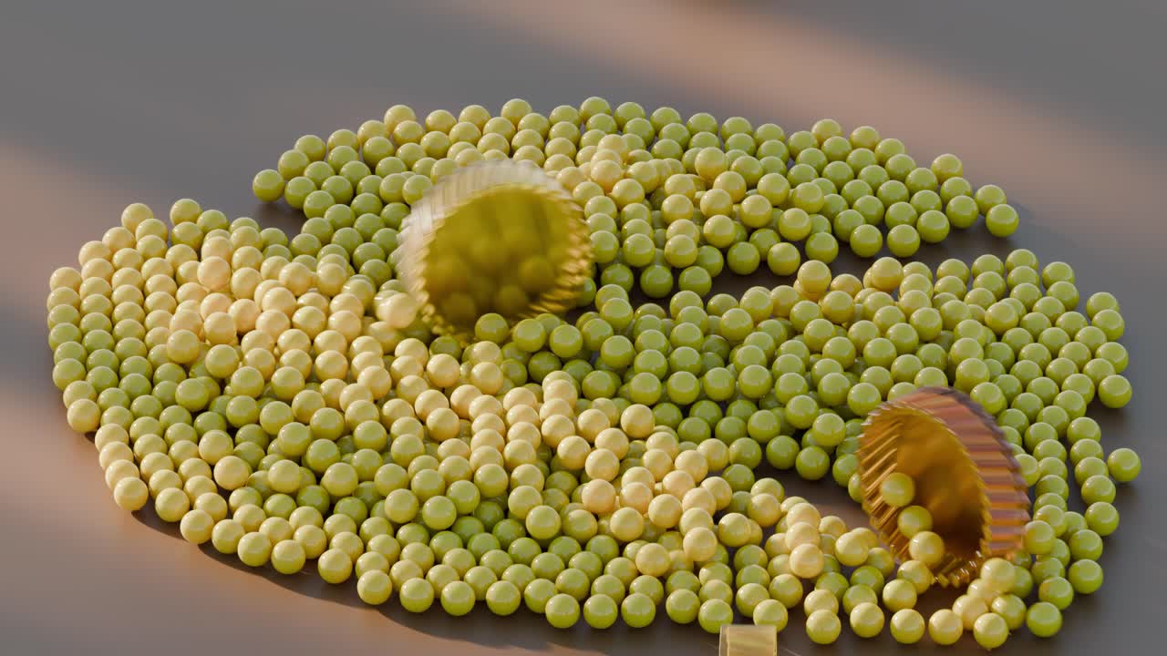 황금색 원을 가진 노란색과 녹색 구의 추상 3d 렌더링